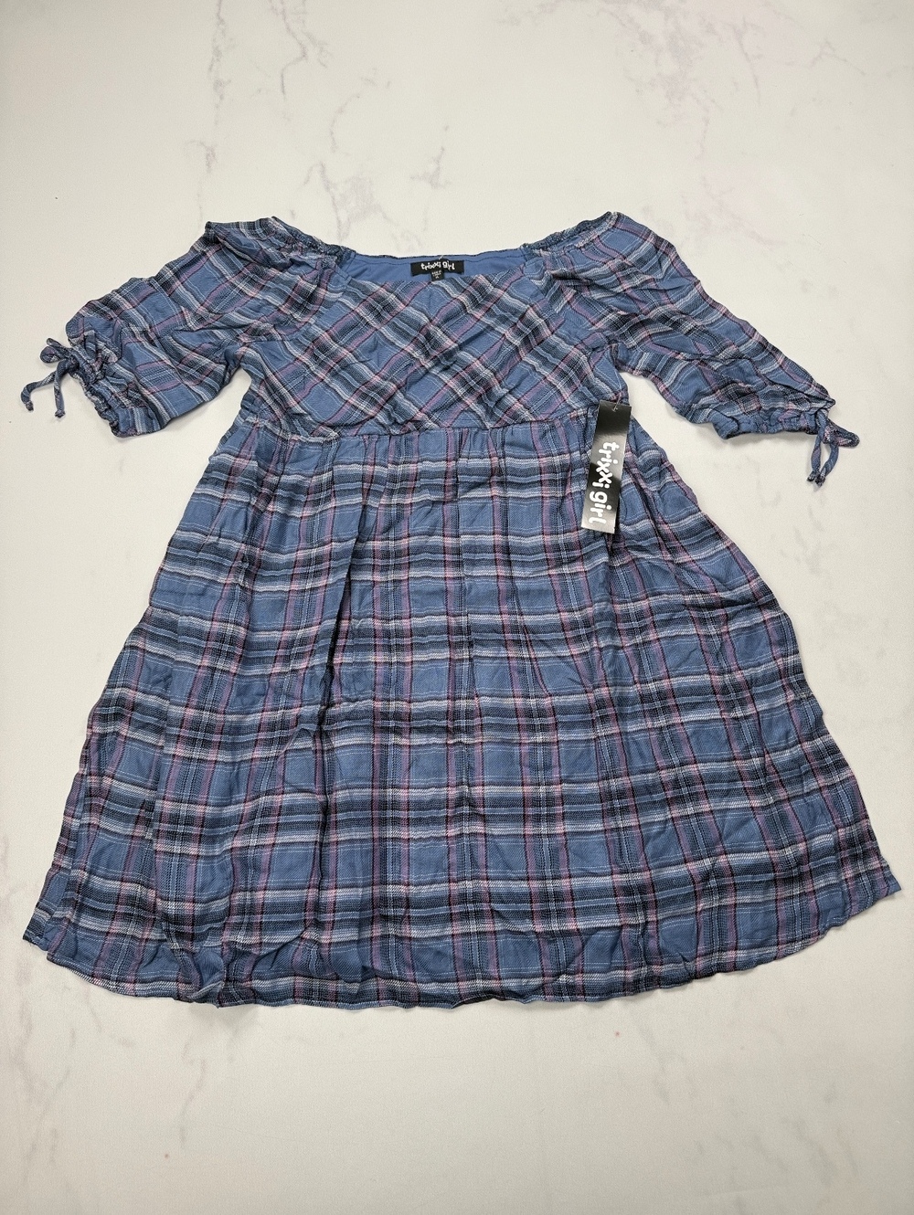 Trixxi Girl Plaid Shirt Dress Blue Contemporary Modern Indie Puff - Girls XL